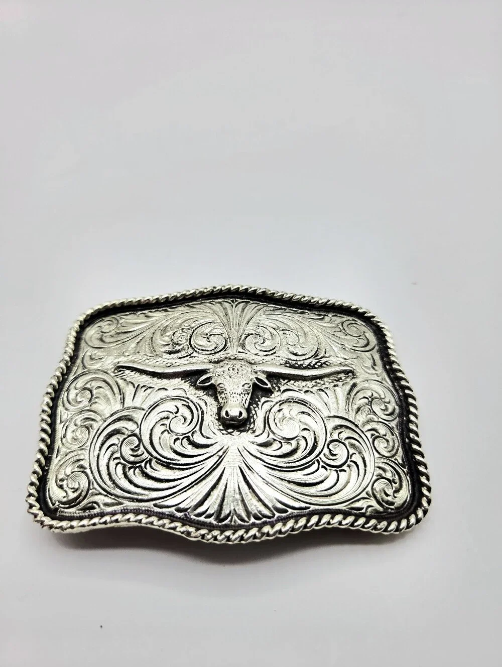Silver Longhorn Engraved Western Belt Buckle